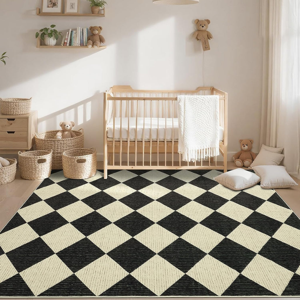 6x9 Modern Checkered Area Rug, Geometric Farmhouse Washable Rugs for Living Room Bedroom, Soft Low Pile Non Slip Diamond Floor Mat Plaid Print Throw Rug Indoor Carpet Kids Room Classroom