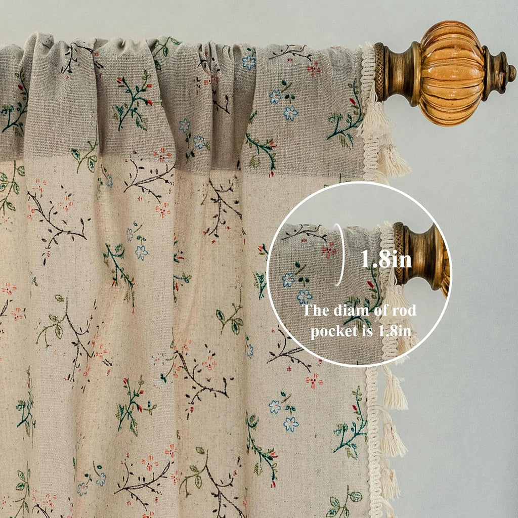 Floral Bedroom Curtains 84 Inch Length 2 Panels Set  Semi Sheer Living Room Drapes Cotton Linen Blend Bohemian Window Curtain Panels with Tassel Beige Rod Pocket Drapes