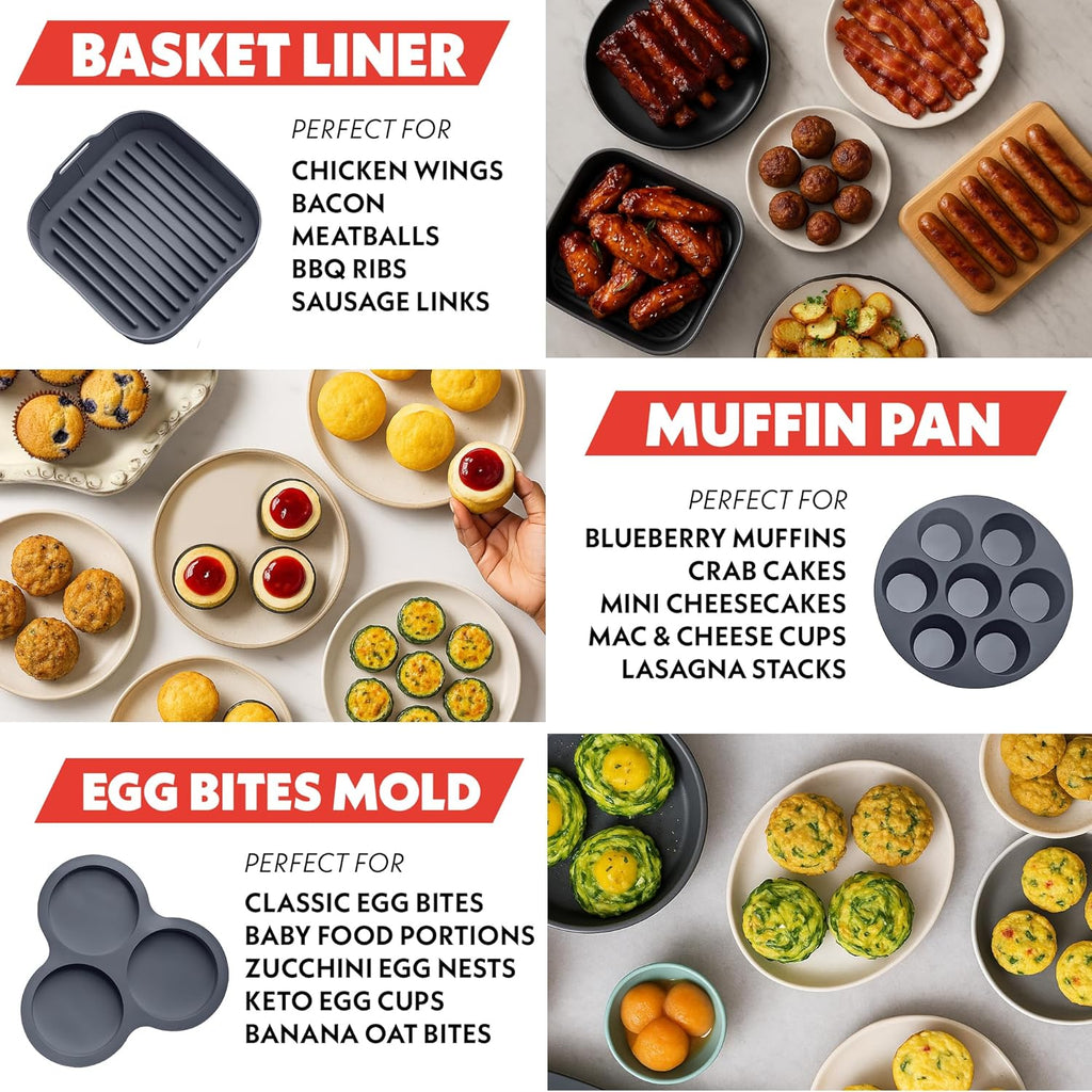 Air Fryer Accessories Set - 3 Piece Silicone, Liner, Egg Bite Cooker, 7-Hole Cupcake Mold, BPA-Free, Nonstick, Heat Resistant 445°F, Dishwasher Safe, Food Grade