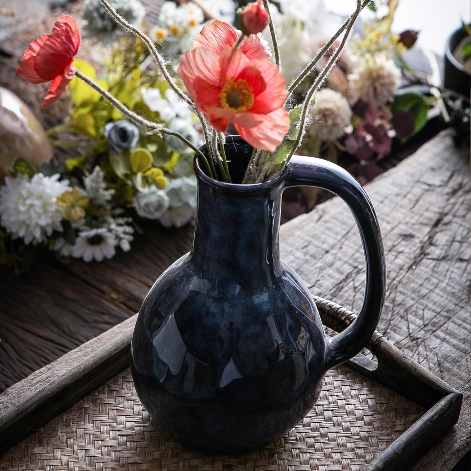 Blue Ceramic Vase with Big Handles, Modern Farmhouse Vase for Home Decor, Rustic Pottery Vase, Decorative Terracotta Vase for Flowers, Vintage Centerpieces for Dining Table