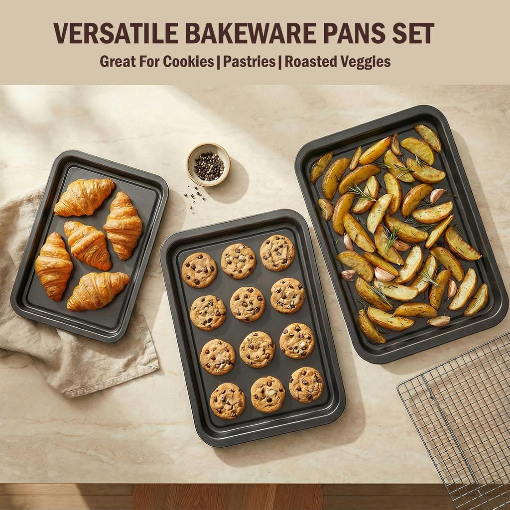 Baking Sheet Pan Set of 3, Nonstick Rectangle Bakeware, Oven Pan, Stackable Multi-Depth, Black, Rust & Warp Resistant, Easy Clean, Carbon Steel (3-Piece Set)