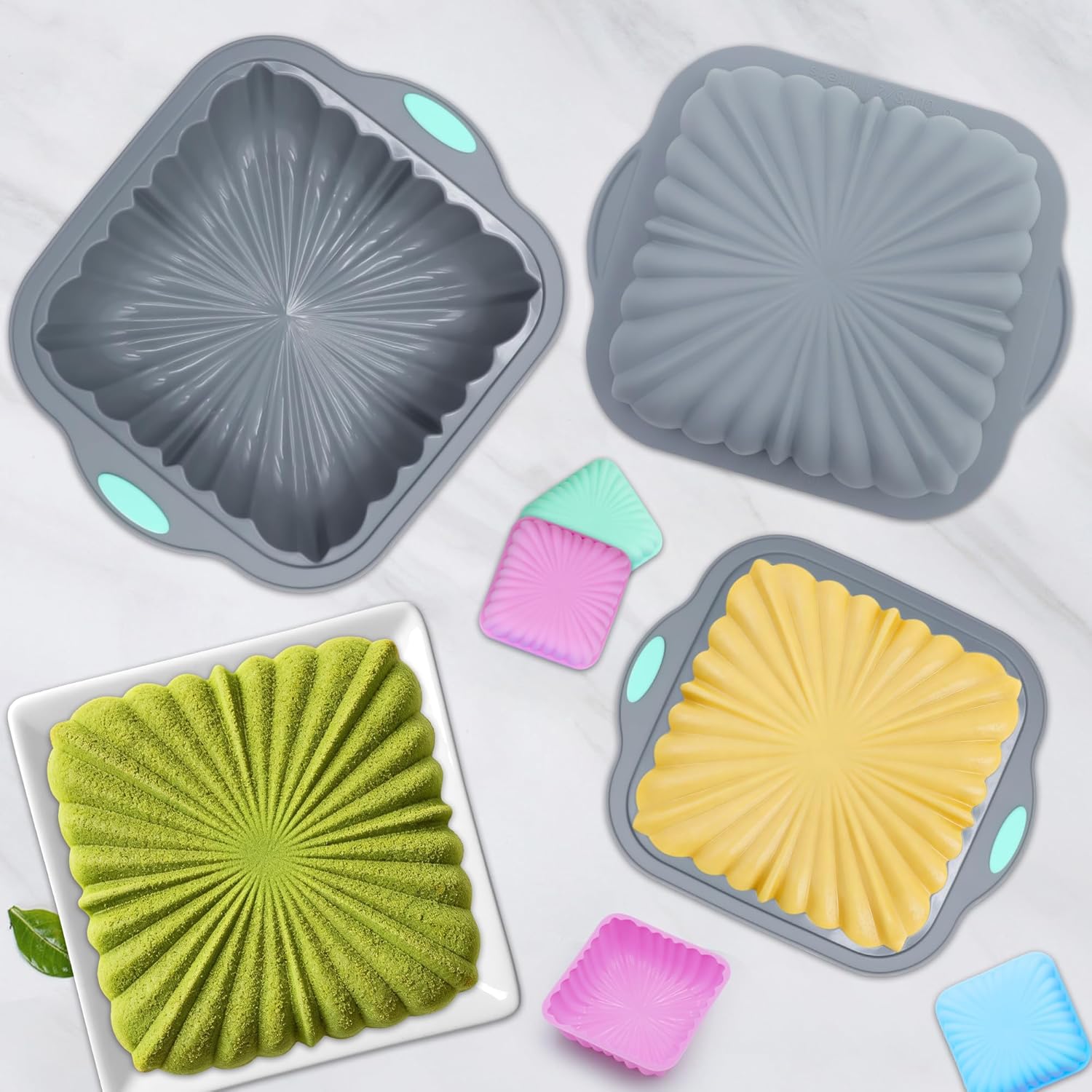 44 Pieces Silicone Square Cake Pans Set, 3 Sizes Silicone Fluted Cake Pan with Reusable Baking Cups, Food Grade Baking Molds for Brownie, Bread, Muffin, Light Grey