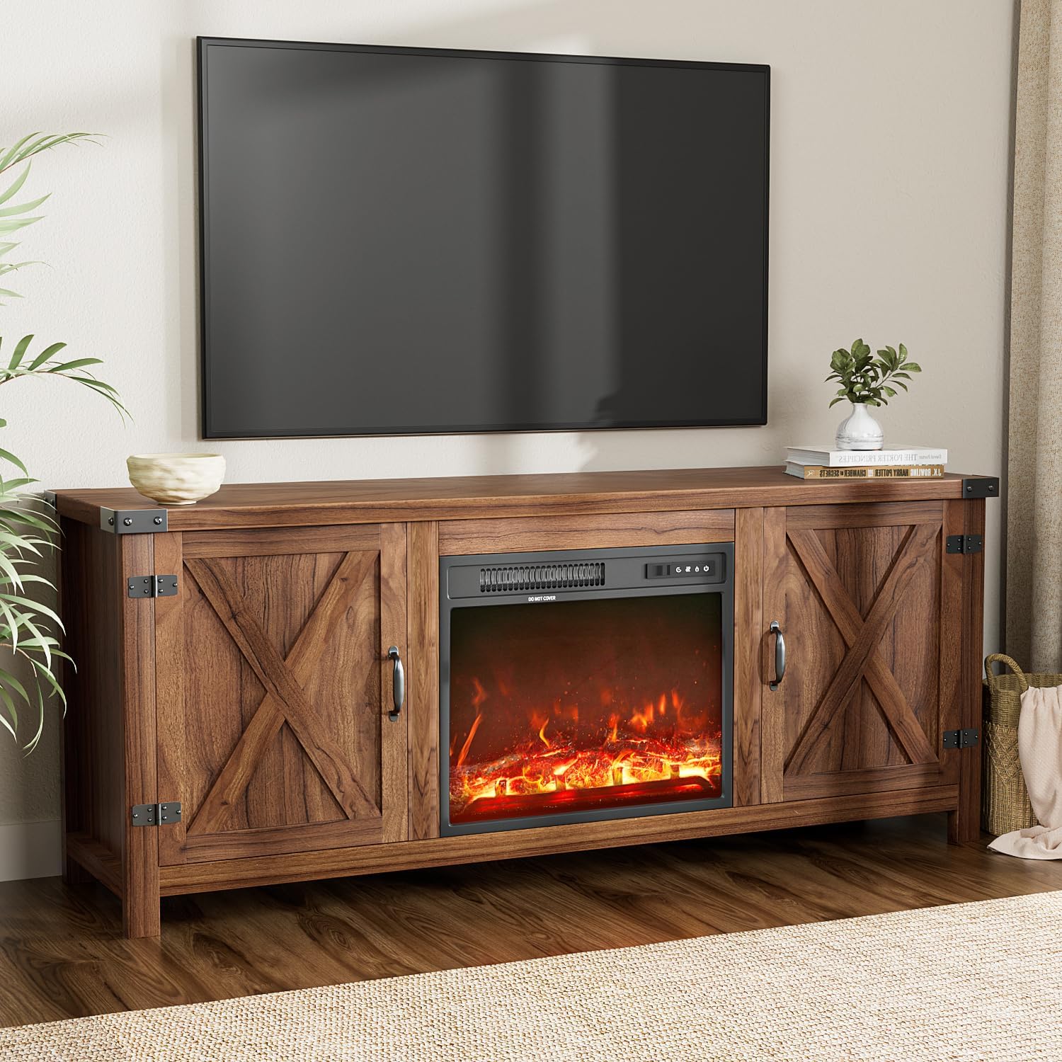 Fireplace TV Stand with Two Barn Doors and Storage Cabinets for Televisions up to 65+ Inch, Entertainment Center Console Table, Media Furniture for Living Room, 58 Inch, Walnut