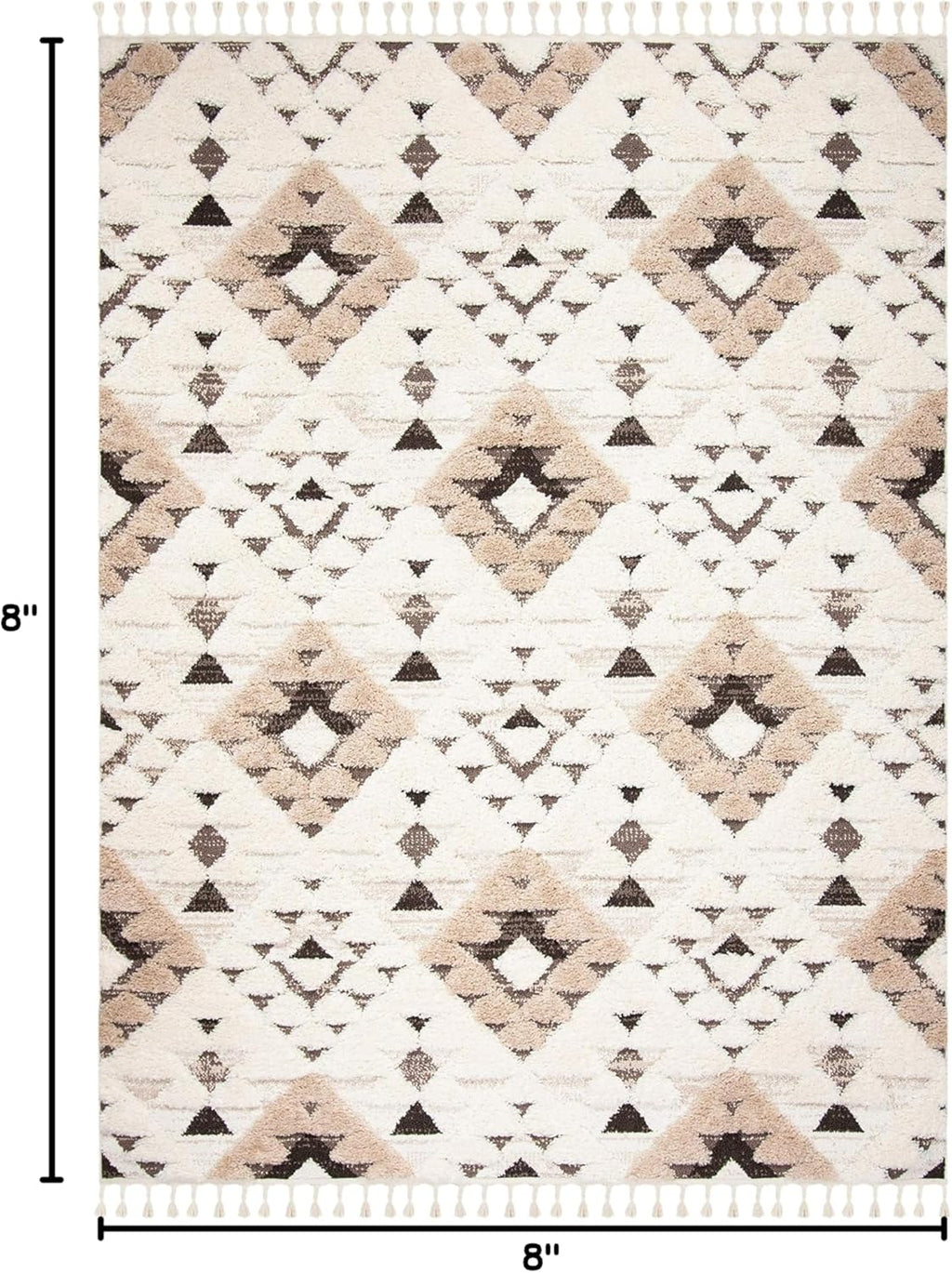 Tassel Shag Collection Area Rug - 8' Square, Ivory & Brown, Non-Shedding & Easy to Clean, Plush High-Low Texture, Ideal for Living Room, Bedroom, Dining Space (MTS688A)