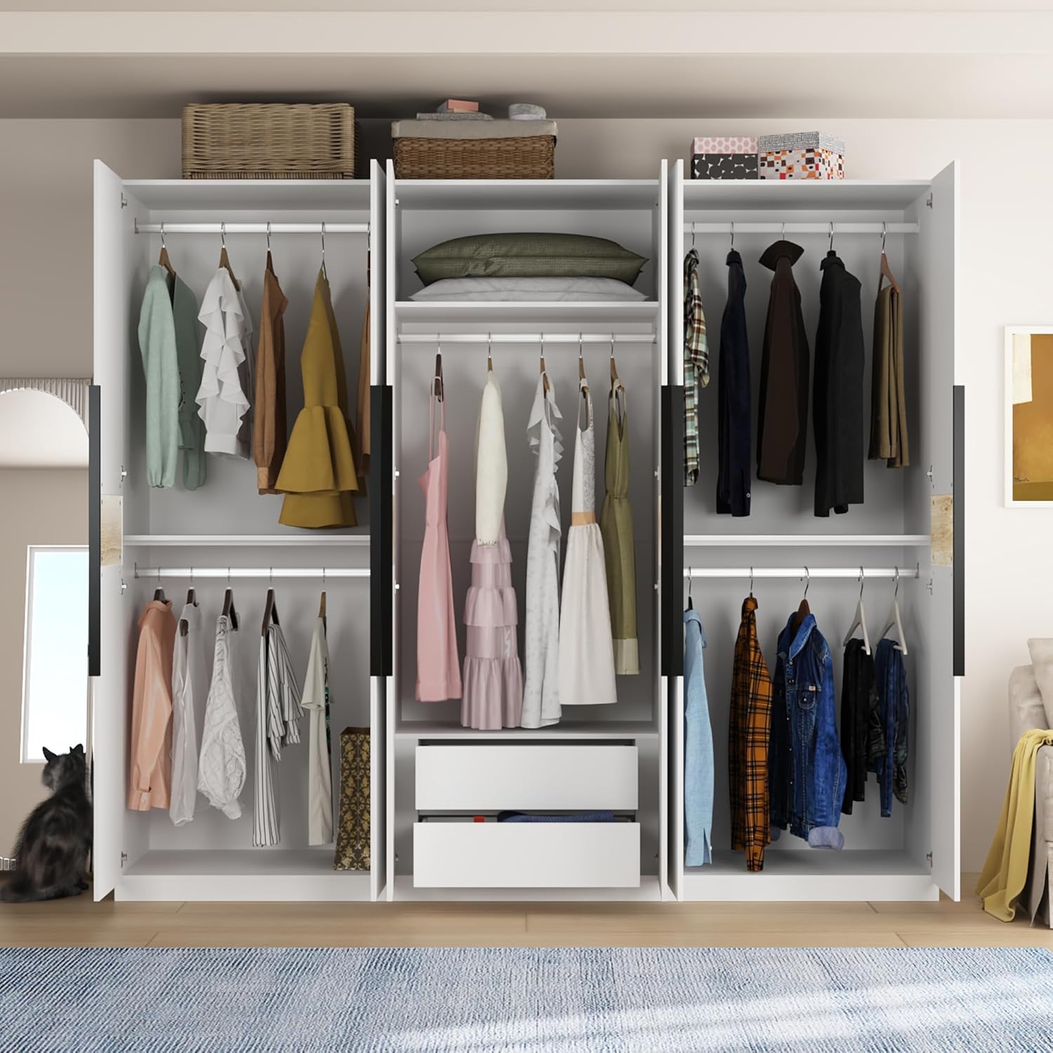 Large Wardrobe Closet 6 Doors, 94.4" W Wardrobe Clothes Organizer with Drawers & 4 Hanging Rods, Wooden Wardrobe Armoire Cabinet for Bedroom Storage, White Type E (94.4" W x 23.6" D x 82.7" H)