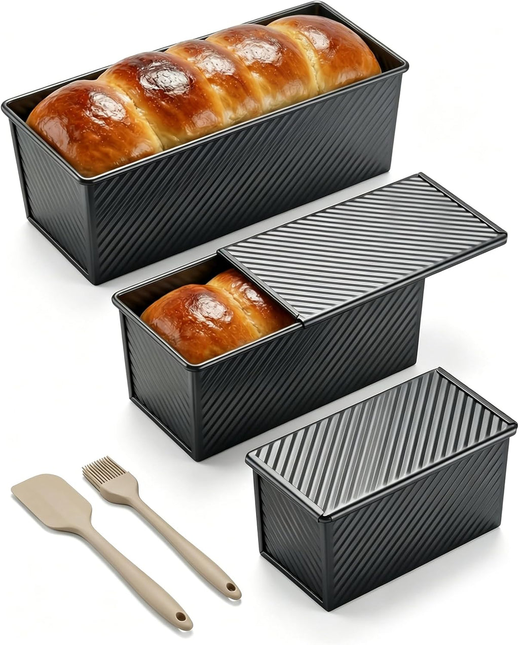 3-Piece Pullman Loaf Pan with Lid Set – Non-Stick Carbon Steel Bread Pan with Bottom Vents – Includes Large (12.4"), Medium (8.2") & Mini (6.3") Sizes plus Silicone Tools – Classic Black