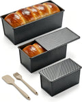 3-Piece Pullman Loaf Pan with Lid Set – Non-Stick Carbon Steel Bread Pan with Bottom Vents – Includes Large (12.4"), Medium (8.2") & Mini (6.3") Sizes plus Silicone Tools – Classic Black
