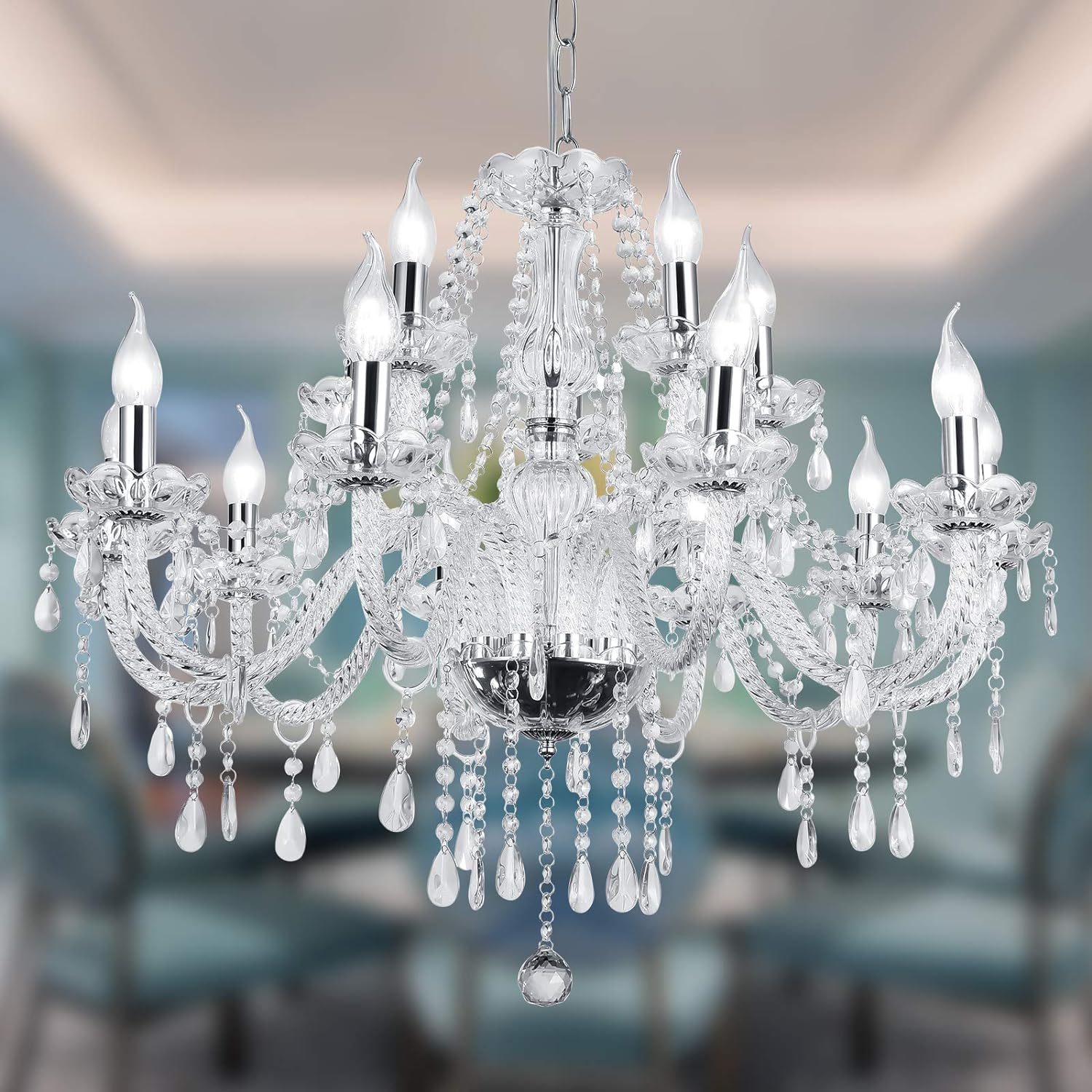 12-Light Modern Luxury Silver Crystal Candle Chandelier