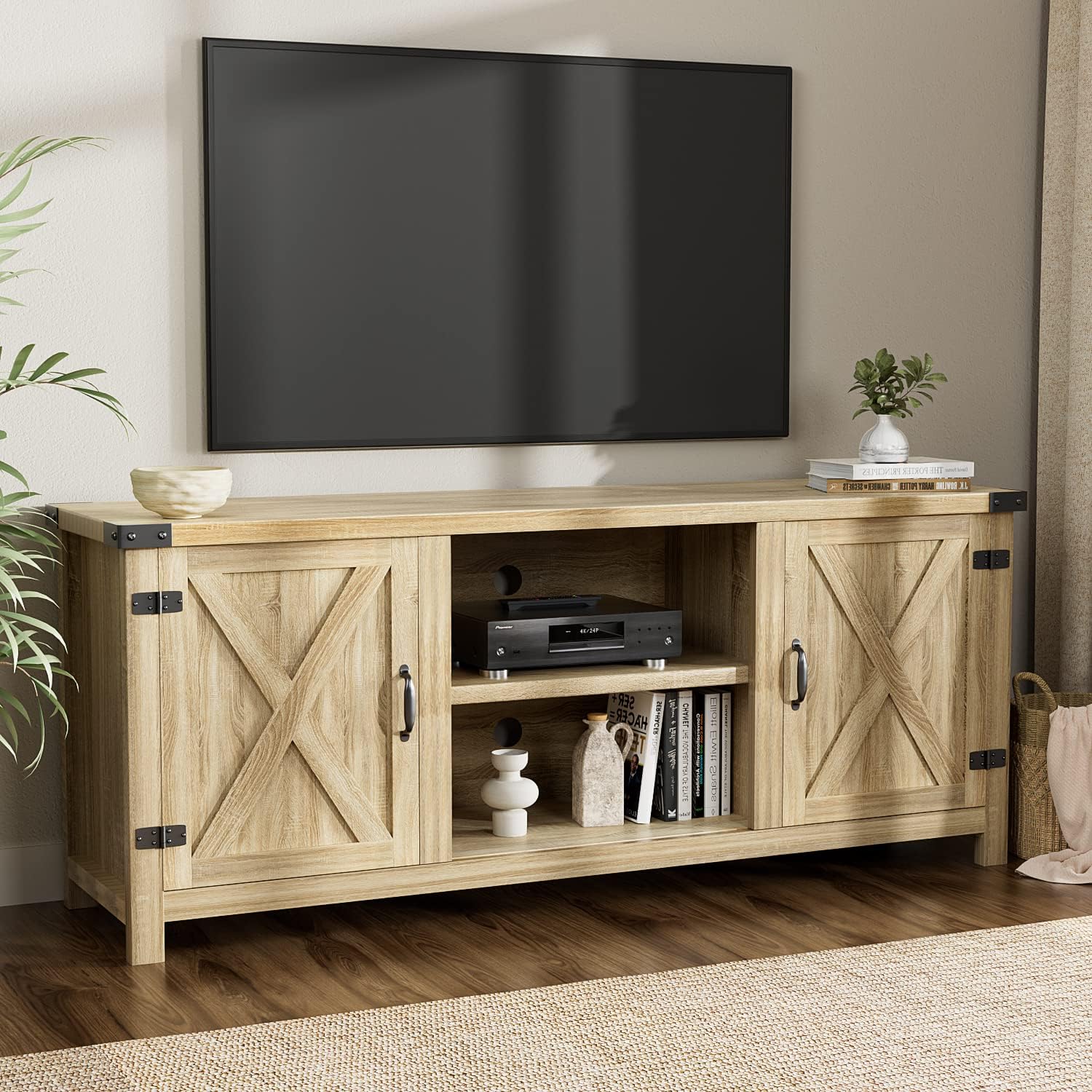 Modern Farmhouse TV Stand with Two Barn Doors and Storage Cabinets for Televisions up to 65+ Inch, Entertainment Center Console Table, Media Furniture for Living Room, 58 Inch, White Oak