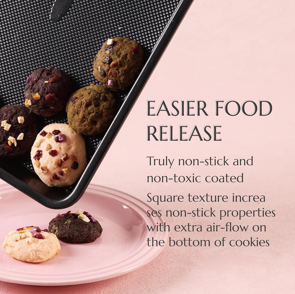 Large Baking Sheet Set of 3,  Cookie Sheets For Baking Non Toxic with Diamond Non Stick Base, PFAS/PTFE/PFOA-Free, Half/Quarter/Jelly Roll Pans, 0.8mm Thick Heavy Duty Cookie Tray, Black