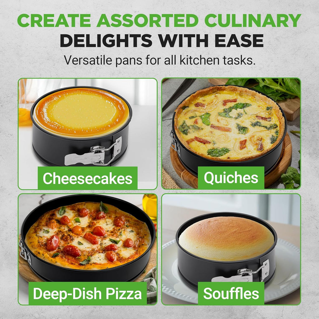 3-Piece Nonstick Springform Pan Set - Premium Carbon Steel Cheesecake Pans with Stainless Steel Clasp - 6", 8", 10" Sizes, Oven Safe up to 450°F - Includes 300pcs Parchment Paper (Black)