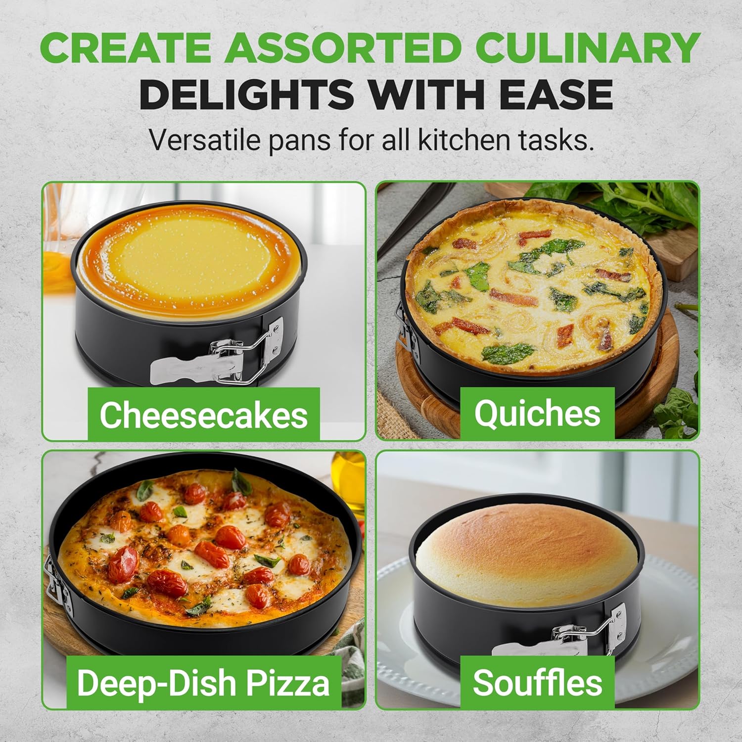 3-Piece Nonstick Springform Pan Set - Premium Carbon Steel Cheesecake Pans with Stainless Steel Clasp - 6", 8", 10" Sizes, Oven Safe up to 450°F - Includes 300pcs Parchment Paper (Black)